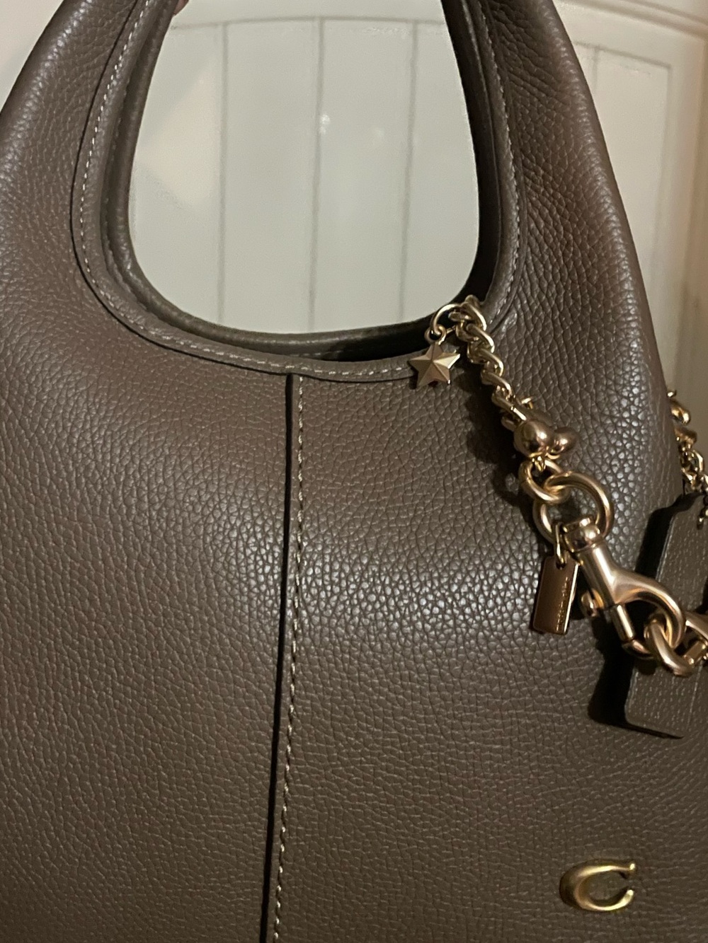 Coach Pebbled Leather Taupe Top-Handle Bag with Gold Charm Chain